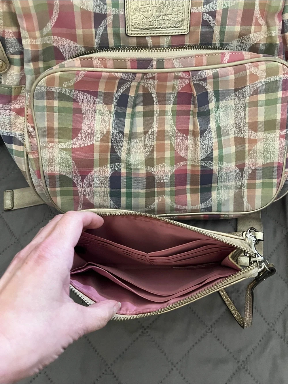Coach Pink Green Plaid Signature Backpack with Wallet - Picture 2 of 11